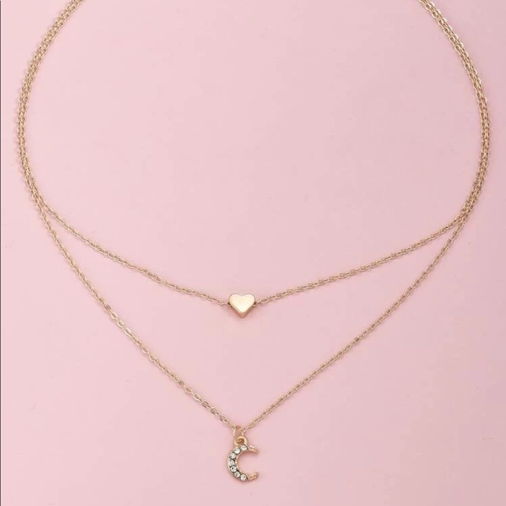 Dainty Heart + Moon Layered Necklace - Picture 2 of 3